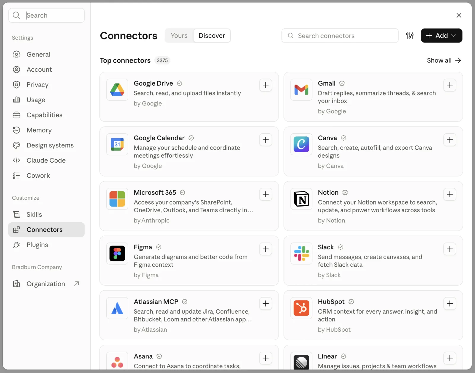 Connectors Discover page with Gmail and other top connectors