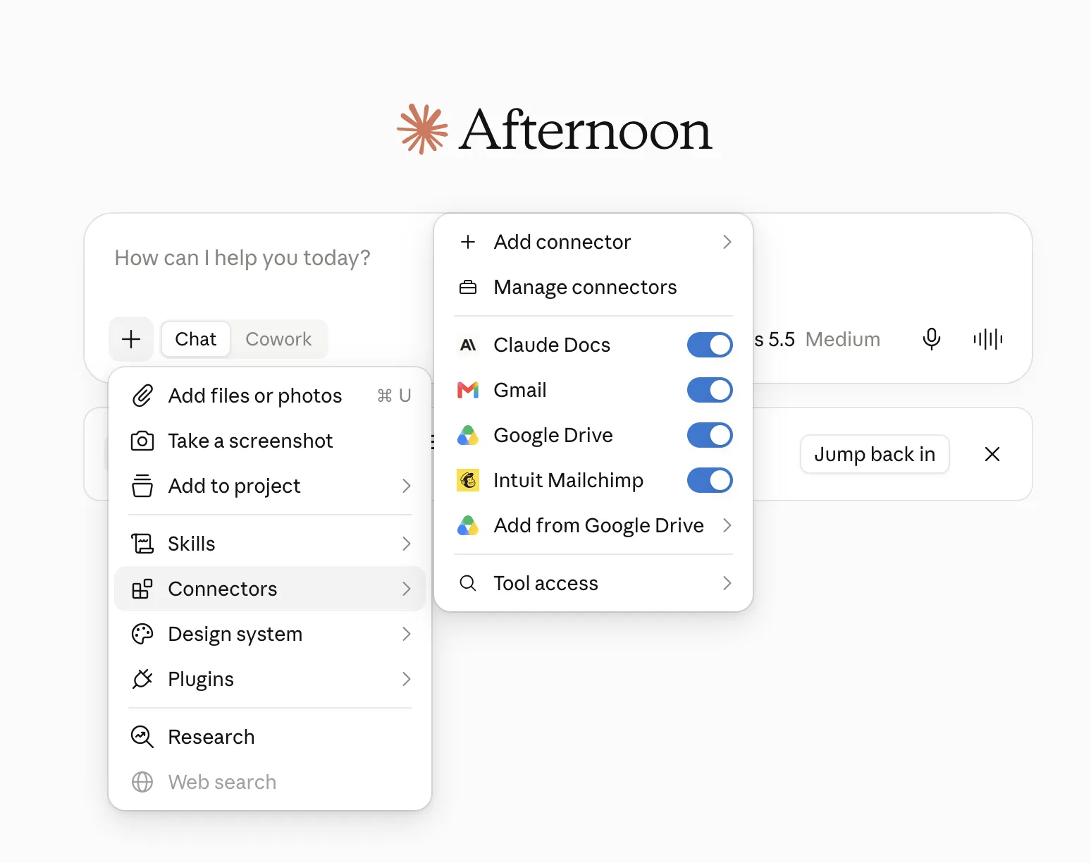 Connectors menu with Gmail, Google Drive, and Intuit Mailchimp toggled on