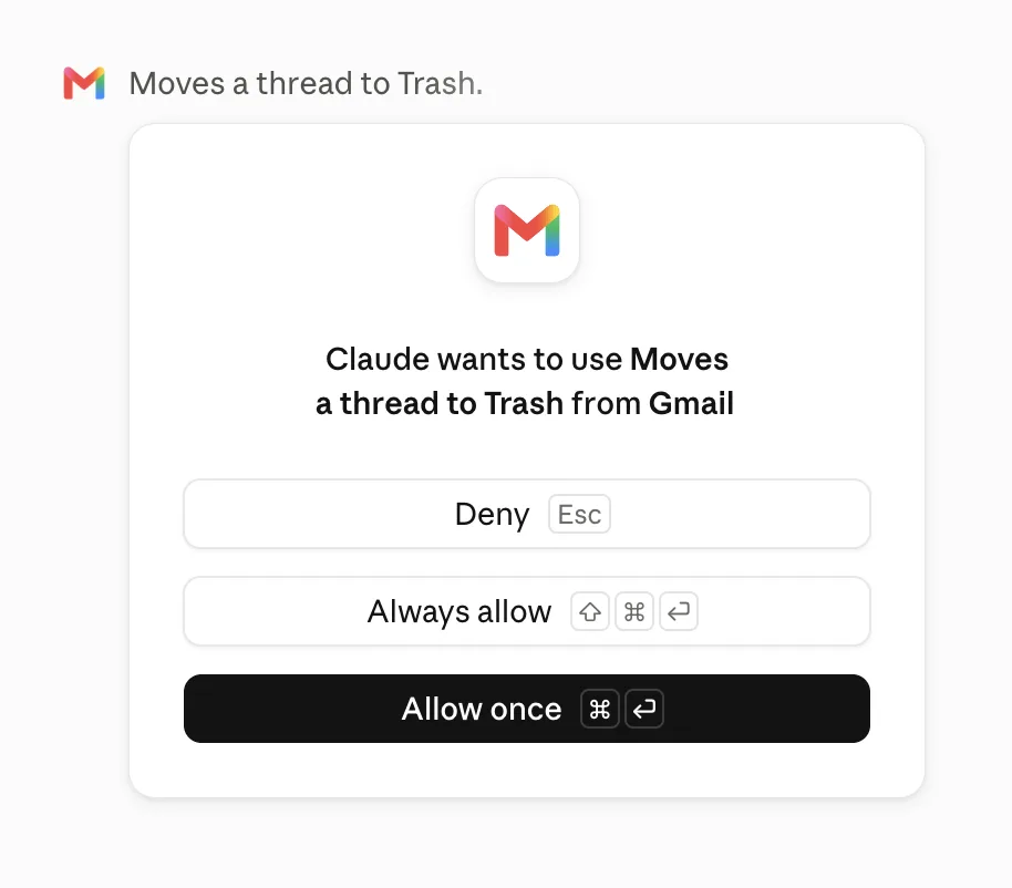 Permission prompt for moving a Gmail thread to Trash