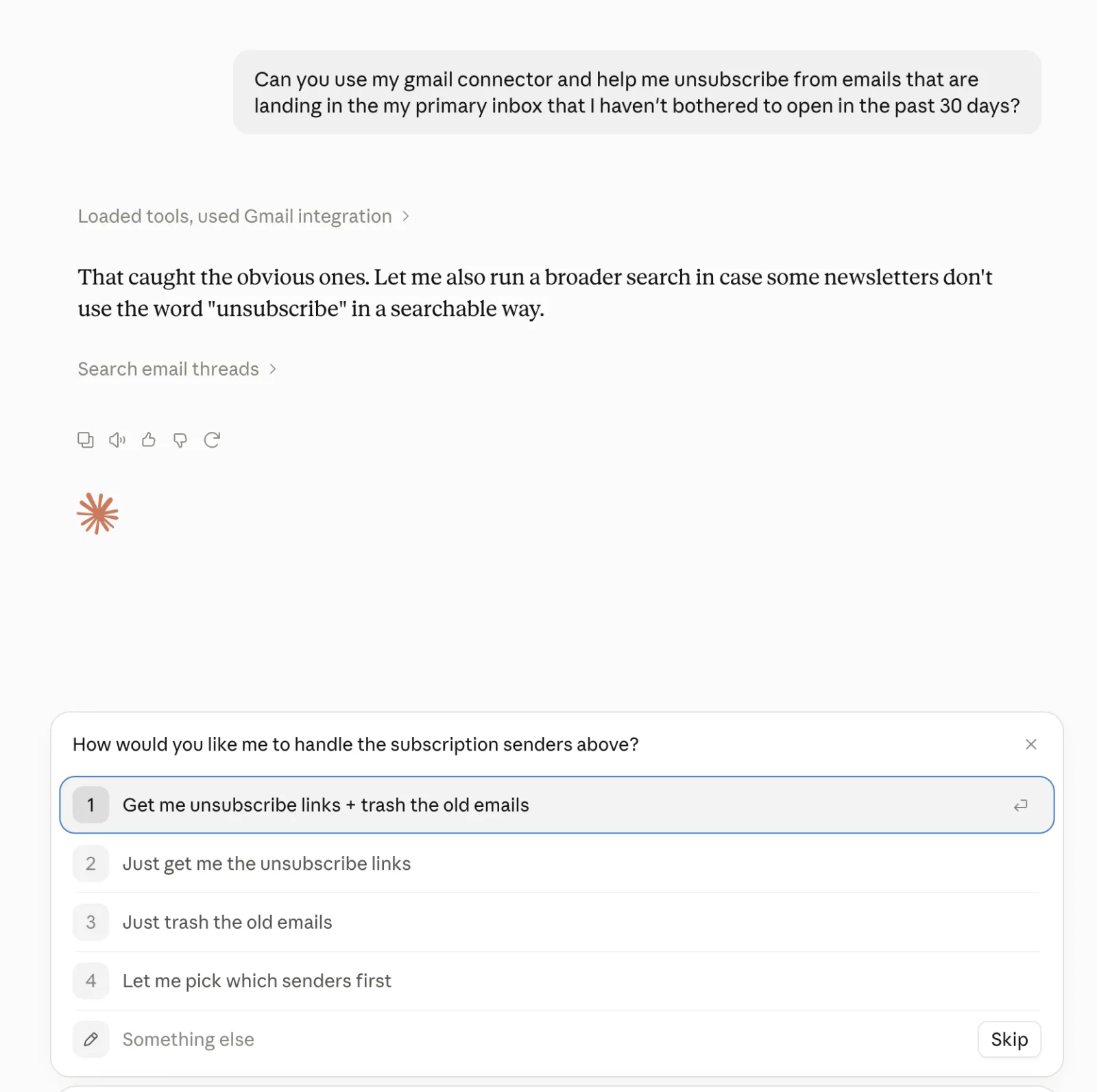 Claude asking how to handle the subscription senders