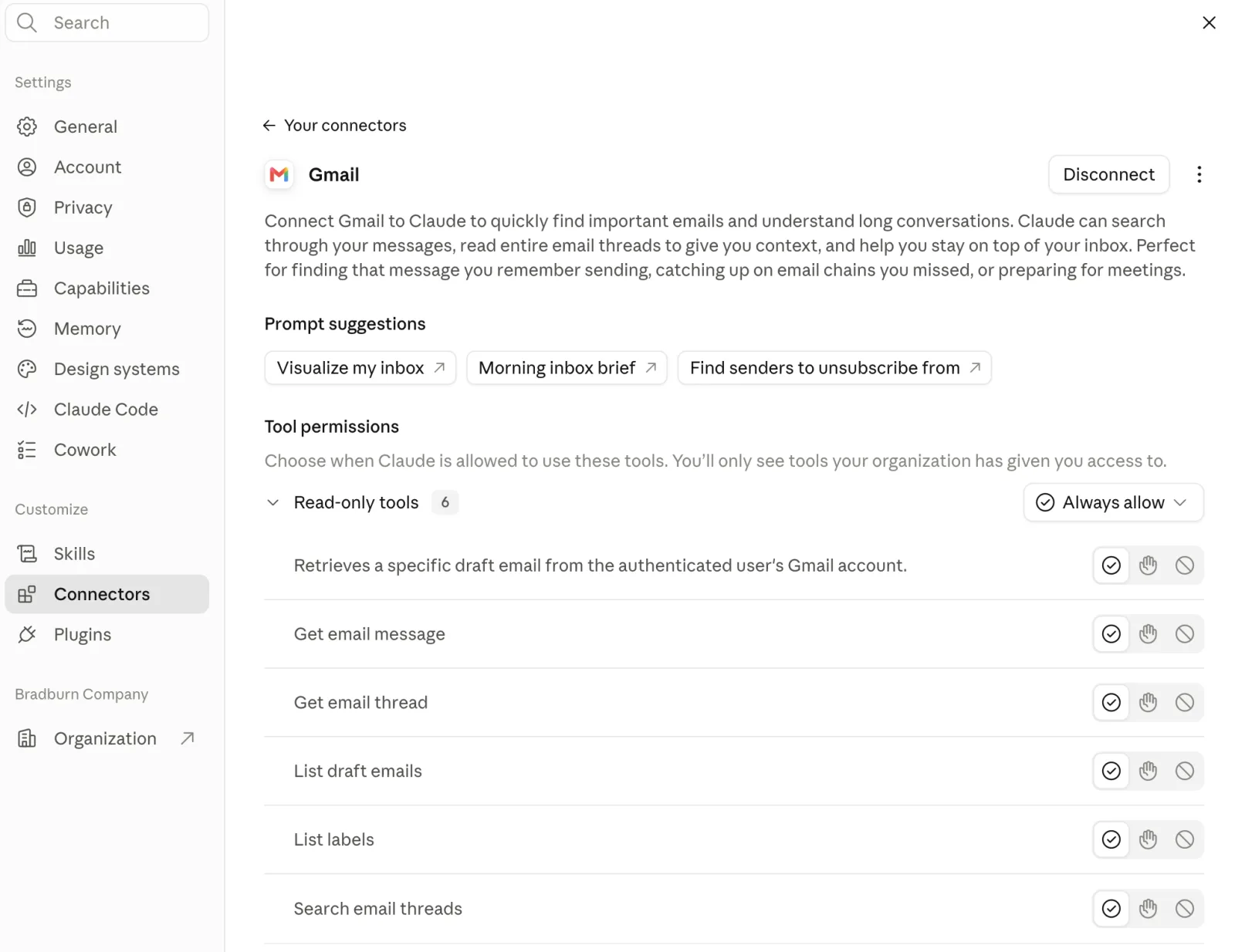 Gmail connector settings with tool permissions