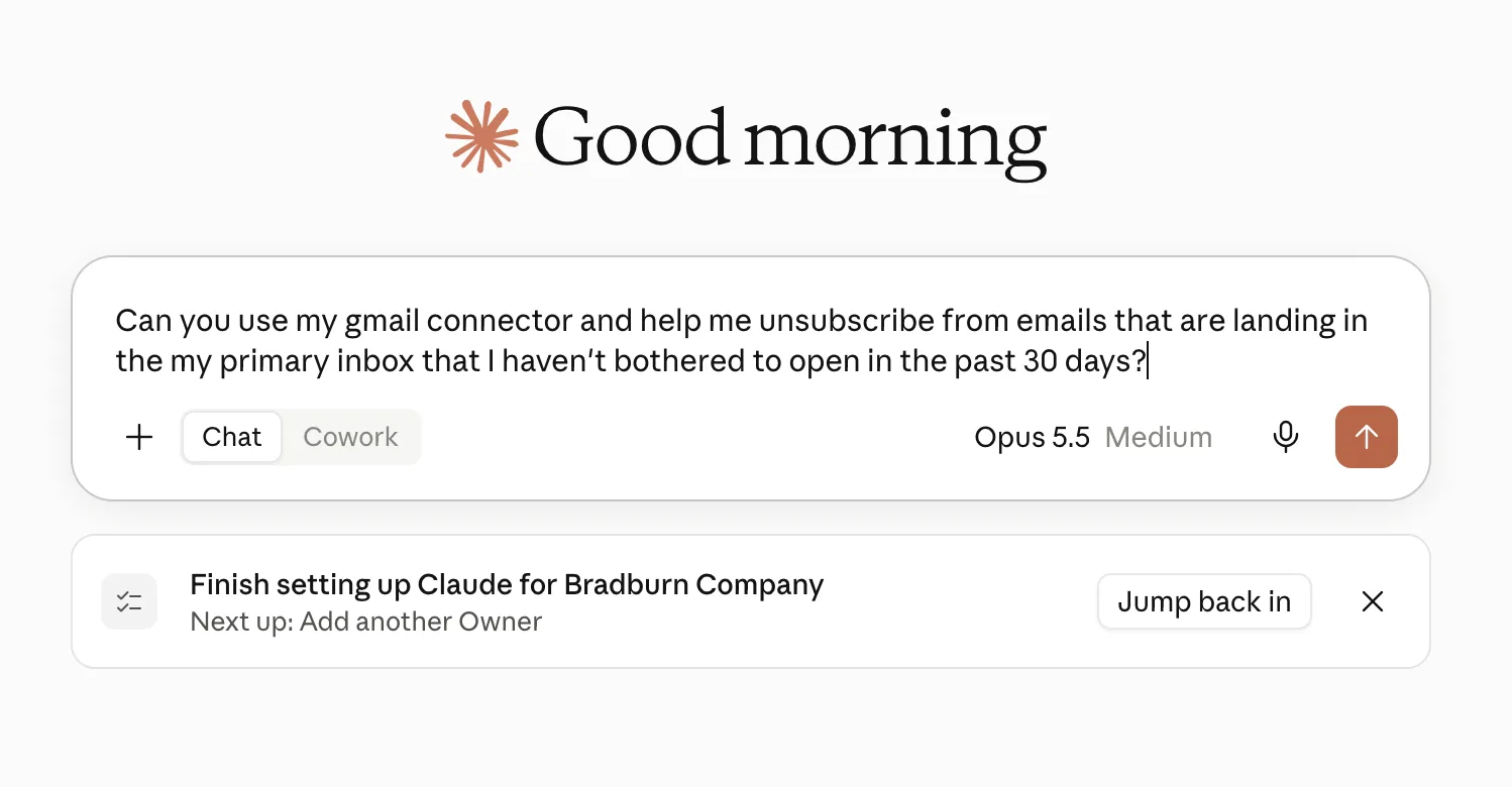 Gmail connector prompt on the Claude home screen