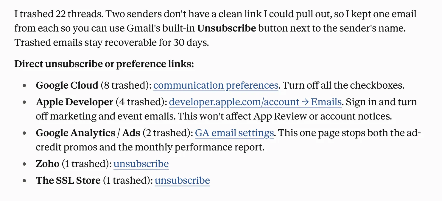 Claude's summary with unsubscribe links by sender