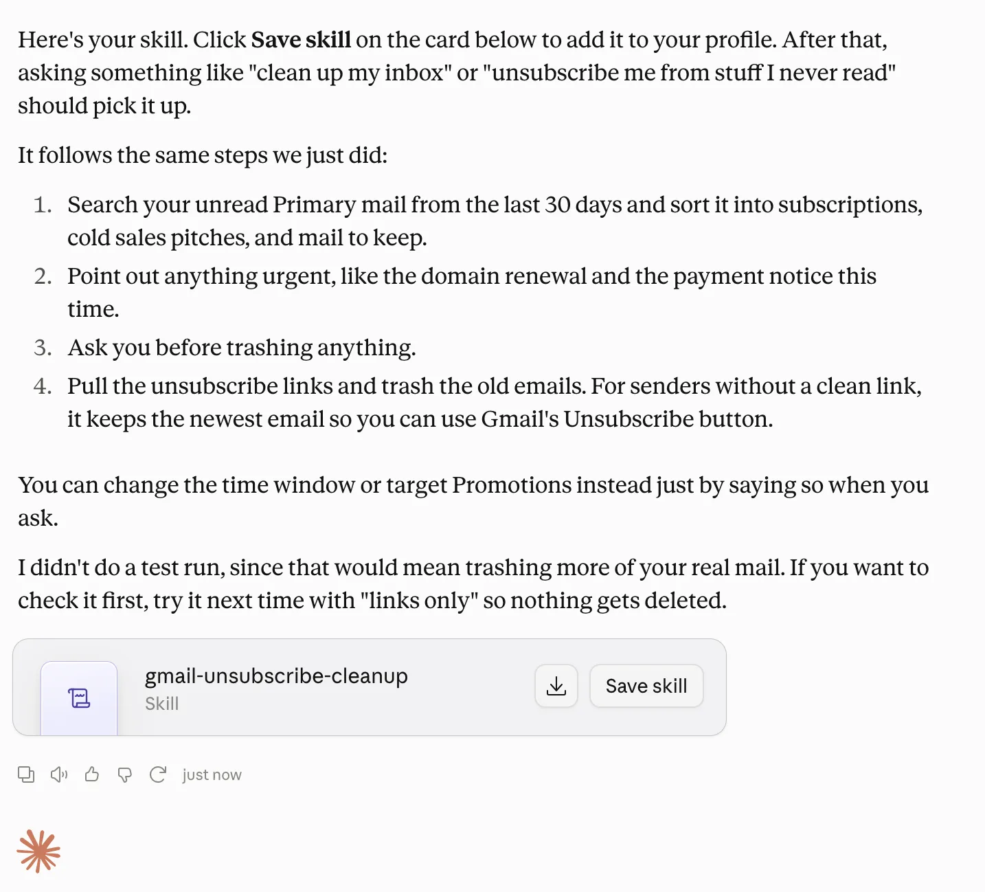 Skill summary and the gmail-unsubscribe-cleanup skill card