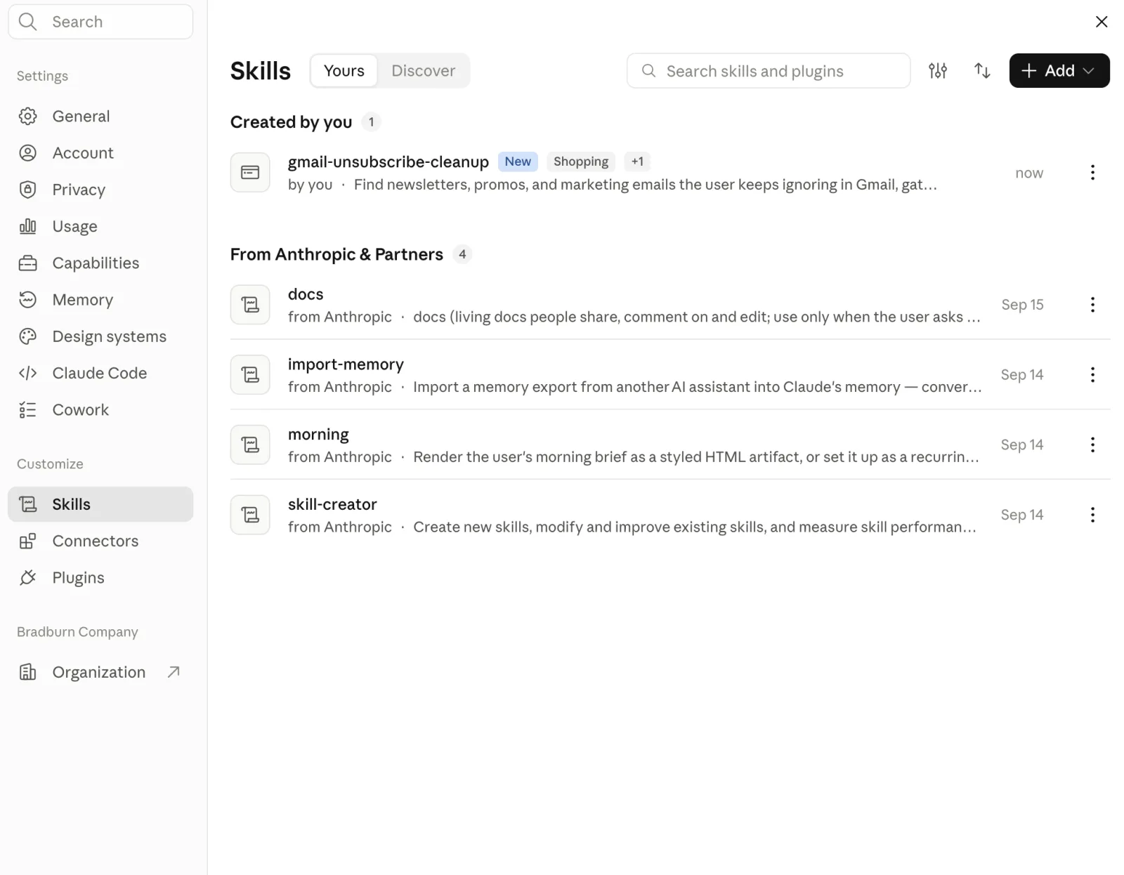 Skills page with the new skill under Created by you