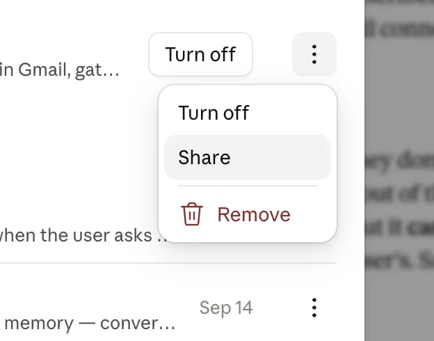 Skill menu with Turn off, Share, and Remove