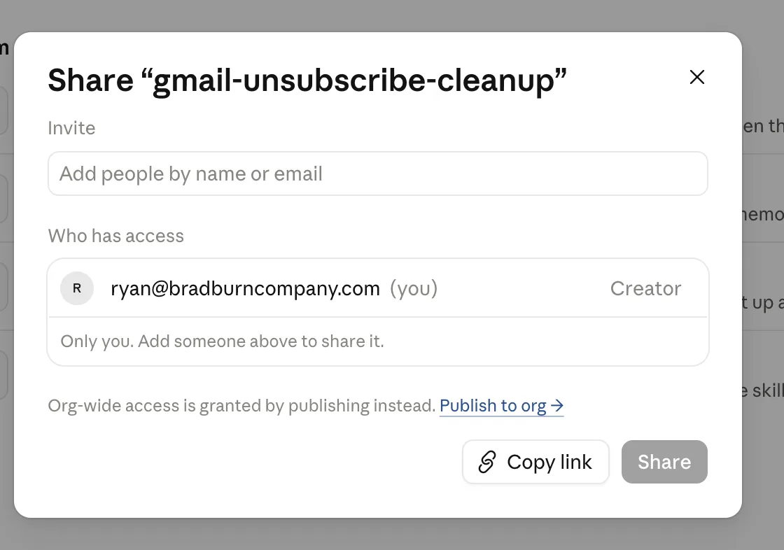Share dialog with the Publish to org link