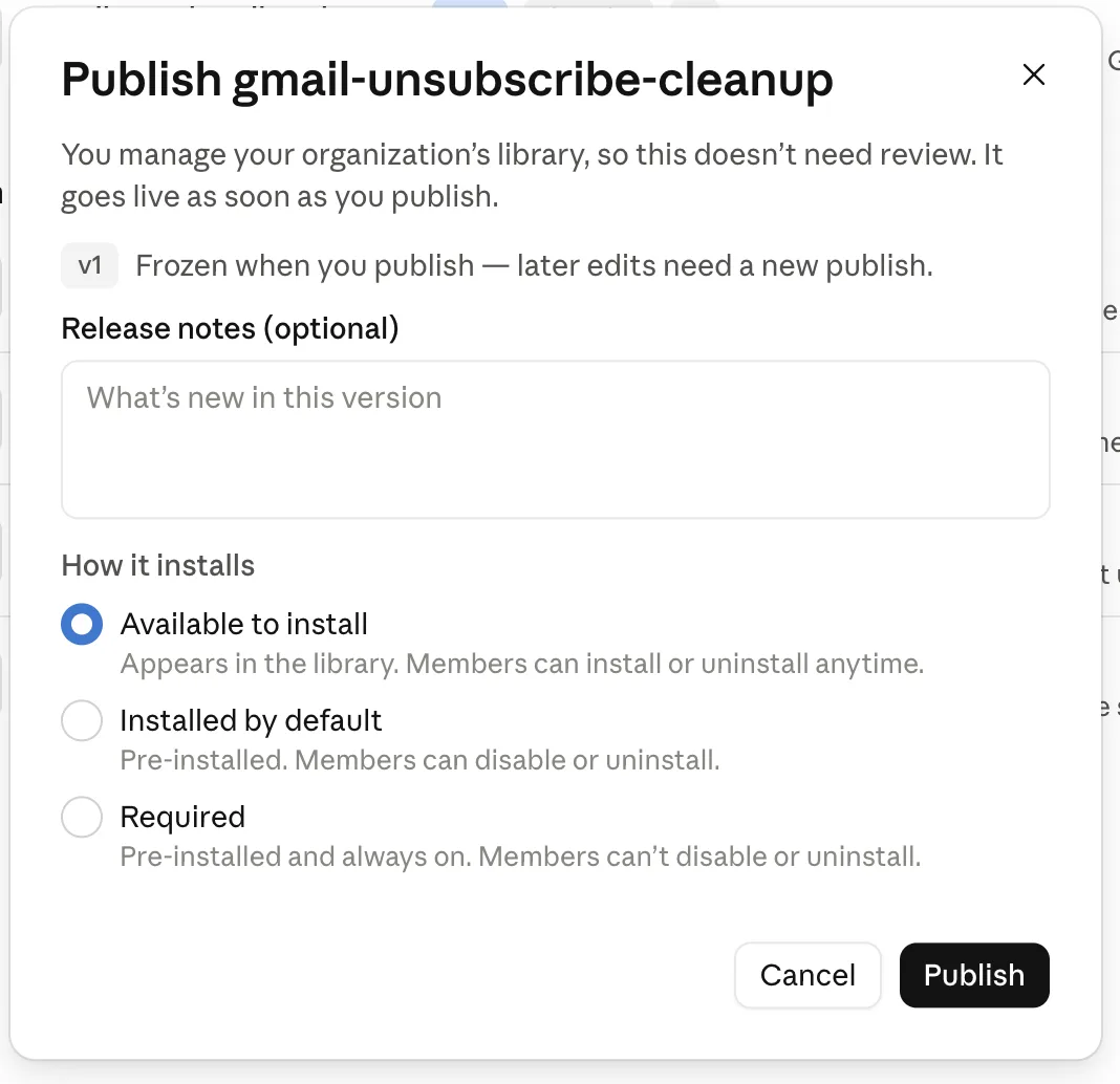 Publish dialog with install options