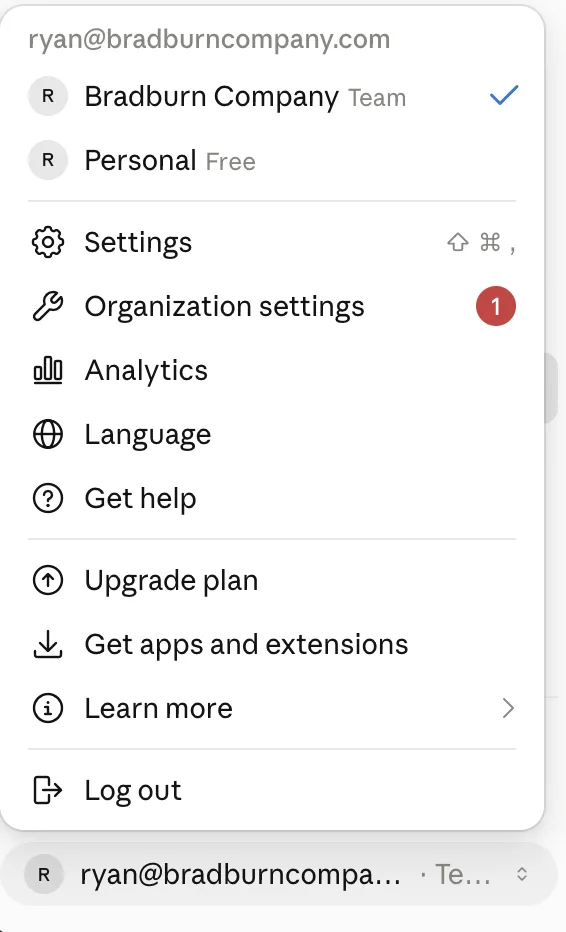 Account menu with Organization settings