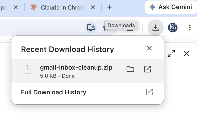 Chrome downloads showing gmail-inbox-cleanup.zip