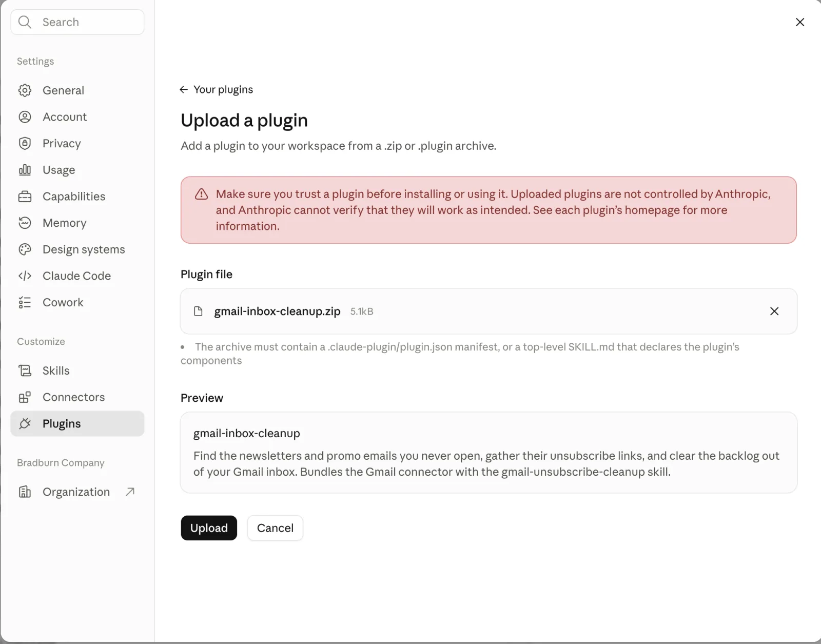 Upload a plugin page with file and preview