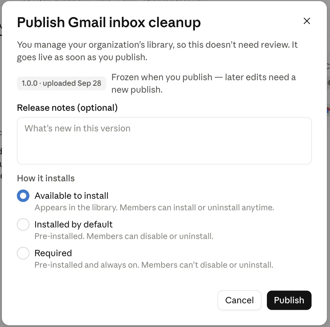 Publish dialog for the plugin