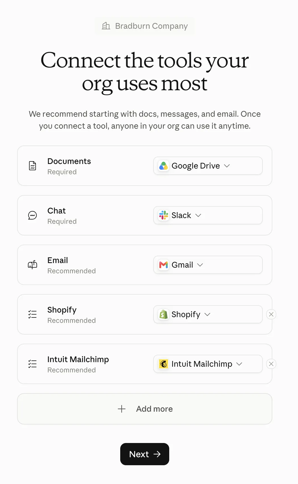 Connectors list with Google Drive, Slack, Gmail, Shopify, and Intuit Mailchimp